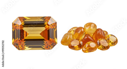 Large, perfectly cut emerald-cut gemstone displaying vibrant golden-orange citrine hues, juxtaposed against smaller raw amber pieces on a bright white reflective surface, elegant contrast display
