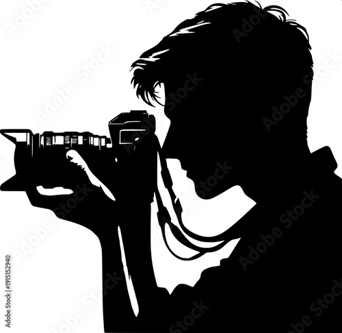 Minimal black silhouette of a photographer holding DSLR camera, front view, white background, bold photography text