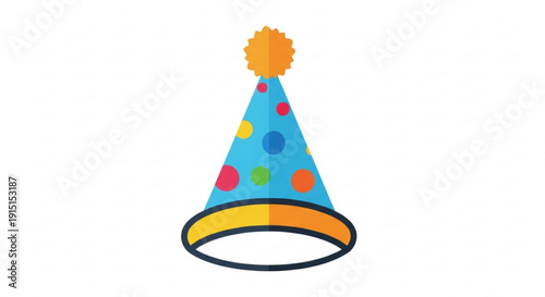 Vibrant blue party hat with colorful polka dots and orange pom pom on white background for celebrations