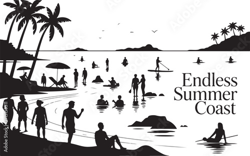Endless Summer Coast SceneTitle:Endless Summer Coast Scene with Silhouetted People and Palm TreesKeywords:summer beach ocean sea coast vacation holiday relaxation people swimming surfing