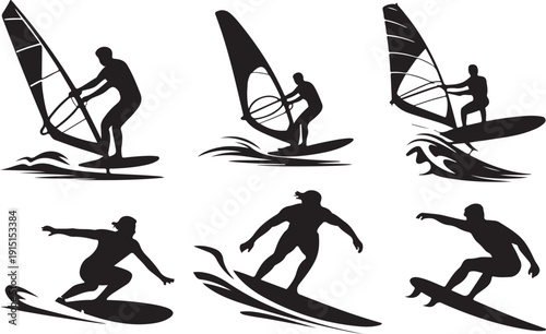 Silhouettes of windsurfers and surfers in action on white background windsurfing surfing