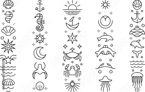 Collection of thin line art icons representing marine life and beach elements ocean