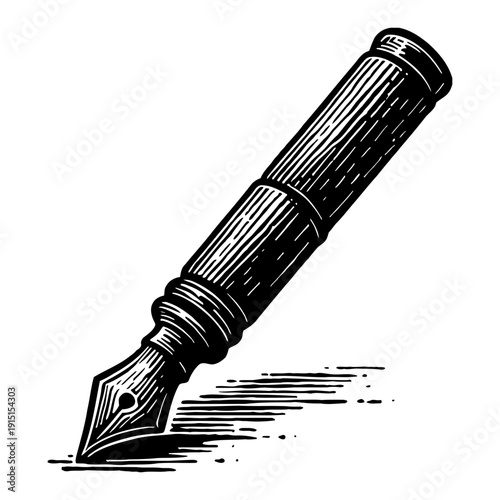 Vintage Fountain Pen Illustration With Shadow on White Background