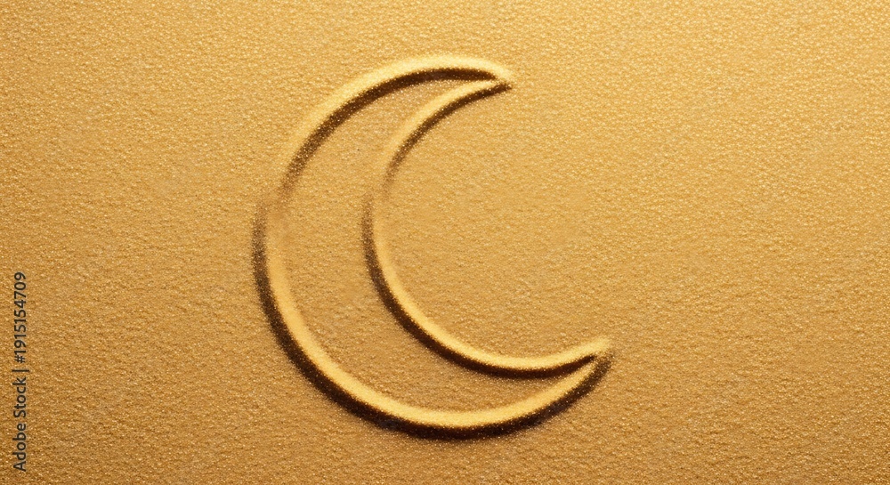 Obraz premium Moon symbol drawn in golden sand represents crescent shape on abstract desert background