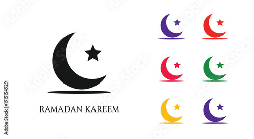 Ramadan kareem icons with crescent moons and stars silhouette