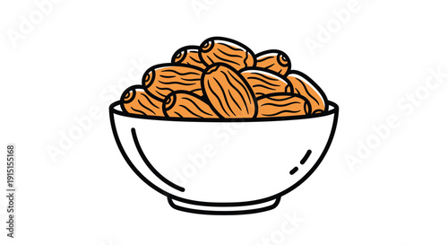 A simple drawing of dates in a bowl outlined in black silhouette