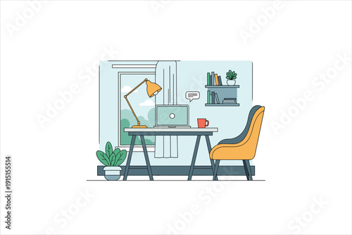 Modern home office workspace with laptop and chair and decor isolated on transparent background