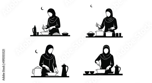 Woman preparing tea in four panels decorative black silhouette
