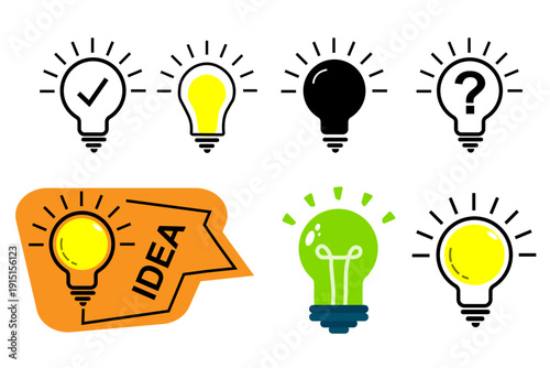 Light bulb with sparkle rays shine. Light bulb and check mark icon. Idea light bulb on speech bubble. quick tips badge. Idea or tooltip trivia. Great idea badge, Creative business idea.