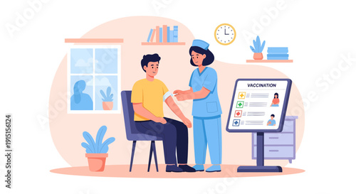 Vaccination Illustration Nurse Administering Vaccine to Patient in Clinic.