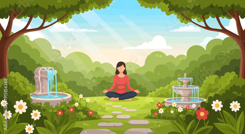 Woman Meditating in a Serene Garden Finding Peace and Tranquility.