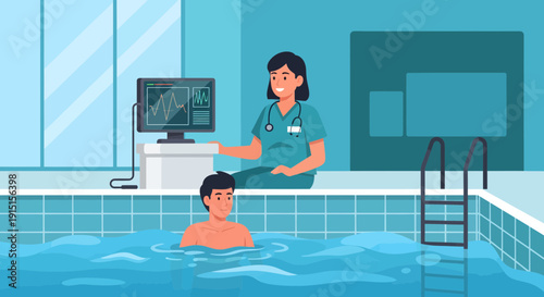 Aquatic Therapy Session Patient in Pool with Therapist Monitoring Data.