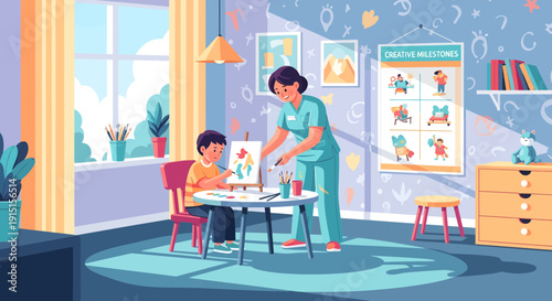 Child painting with assistance in a bright and cheerful room.