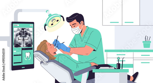 Dentist examining patient with xray in modern clinic.
