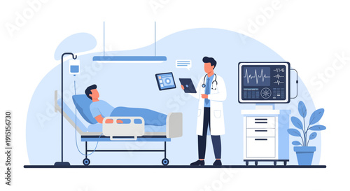 Doctor Examining Patient in Hospital Room with Medical Equipment.