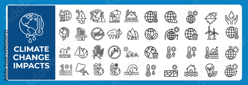 Climate Change Impacts and Global Warming Line Icons Set