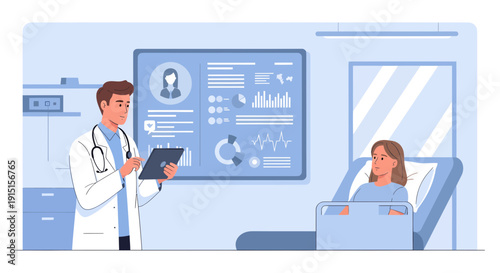 Doctor examining patients health data in hospital room illustration.