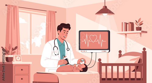 Doctor Examining Patient with Medical Equipment in Hospital Room.