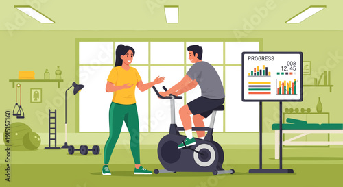Man cycling with trainer monitoring progress in a gym setting.