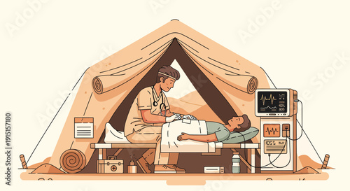 Medical Care in a Field Hospital Tent Illustration.