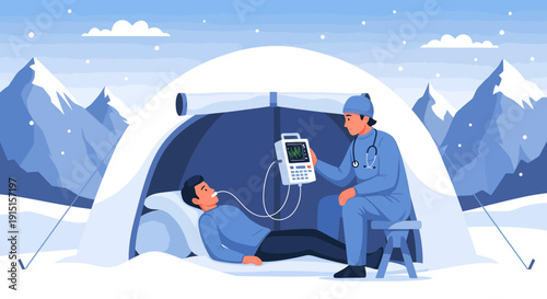 Medical Care in a Winter Tent Doctor Treating Patient.