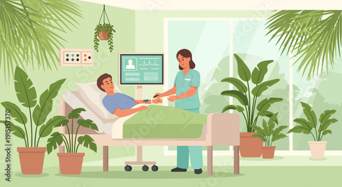 Nurse Attending to Patient in a Healing Hospital Room.