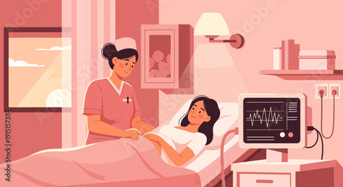 Nurse Attending to Patient in Hospital Bed with Monitor.