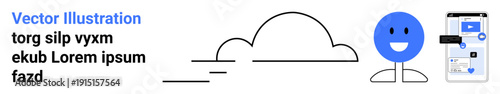 Digital communication, cloud computing, user interaction, online services, data storage, creative projects. Minimalist elements including a cloud, a smiling icon and a mobile device screen. Digital