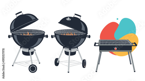 Selection of three different barbecue grill styles including two classic kettle models and one modern rectangular table-top grill.
