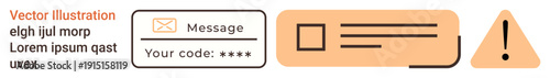 Mobile apps, email alerts, user interfaces, data security, authentication, digital warnings. Includes a message box, verification code field and alert icon. User interfaces and data security concept