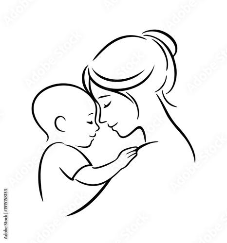 Mother embracing baby with loving connection in minimalist line art  