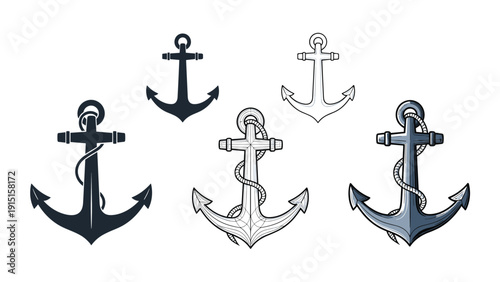 Selection of five maritime anchor icons featuring various textures and styles including solid black, line art, and rope details.