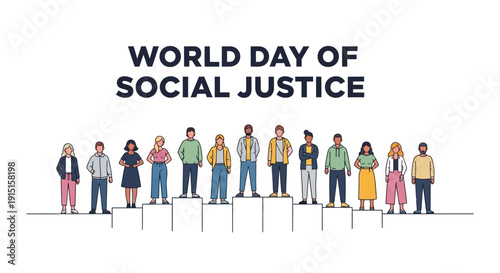 Illustration of diverse people standing together in solidarity on World Day of Social Justice, promoting equality and human rights with a bold, colorful design against a clean white