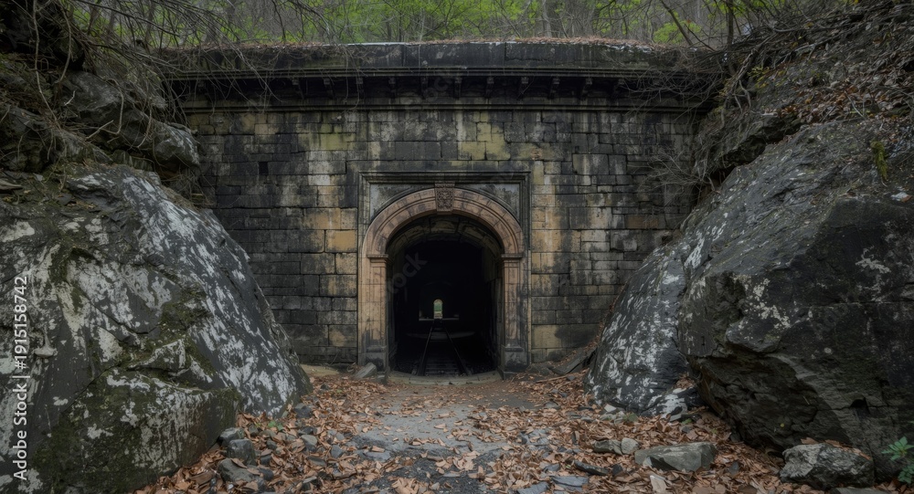 Obraz premium Worn entrance to historic mine with large copyspace section