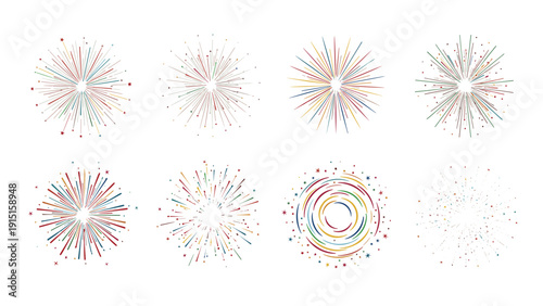 Colorful firework burst patterns in various shapes and styles, ideal for celebrating festivals, holidays, anniversaries, and special events.