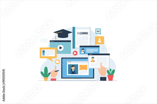 Online education concept with laptop and various elearning elements surrounding it on transparent background