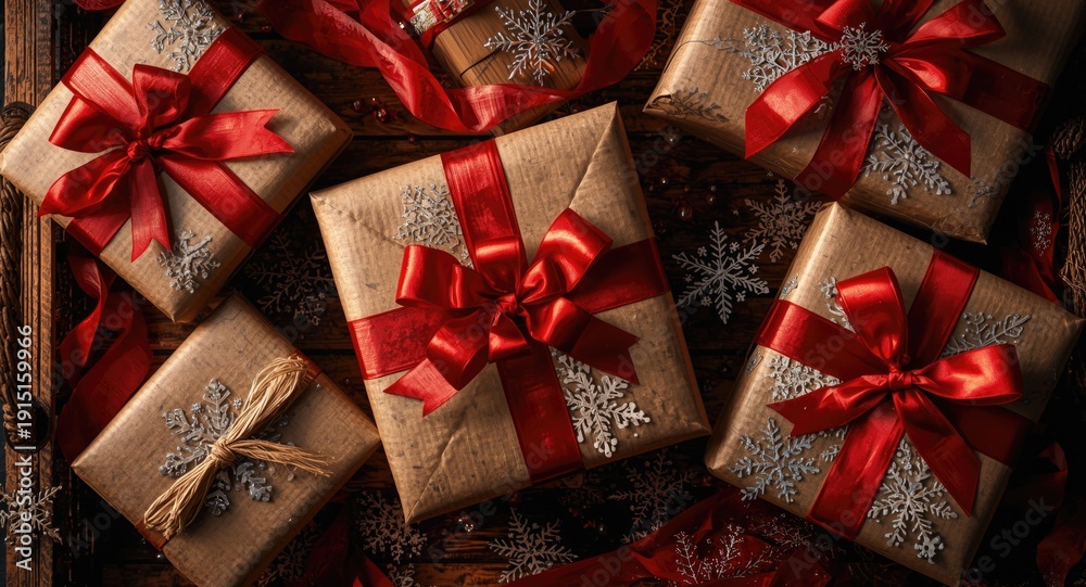 Naklejka premium Overhead view of winter holiday gifts wrapped in craft paper accented with red ribbons and delicate snowflake motifs