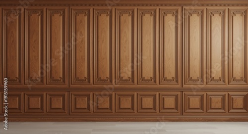 Classic wall design in interior background with 3D rendering of vintage brown beech wood panels and joinery