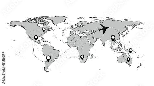 Grayscale world map showing flight paths and location markers to represent global travel and international logistics.