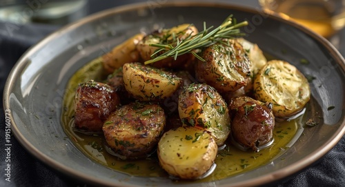 Delicious Scandinavian dish with herb crusted baked potatoes and aromatic oil drizzle