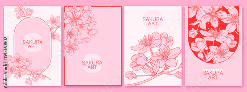 Set of spring backgrouds with sakura branch. Pink Cherry blossoms. Pink flowers. Design for card, wedding invitation, cover, packaging, cosmetics.