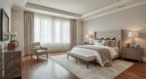master bedroom space with curated furnishings in a newly built upscale home