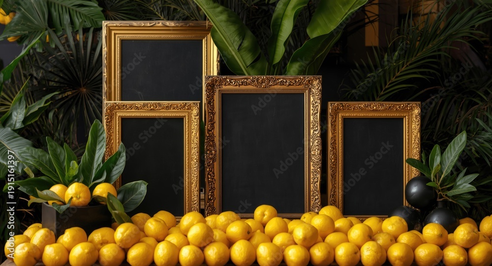 Naklejka premium Vibrant tropical celebration table adorned with black decorations framed in gold and fresh lemons