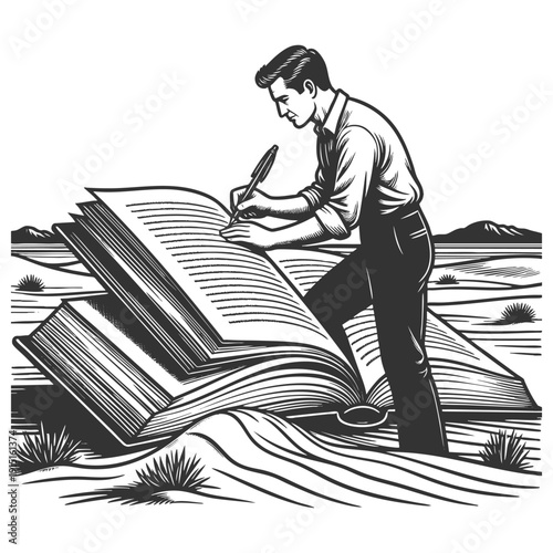 man standing in a desert, writing in a large open book as if shaping the world around him sketch engraving generative ai fictional character vector illustration. Scratch board. Black and white image.