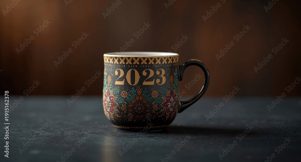 Naklejka premium New Year coffee cup embellished with 2023 year and festive designs