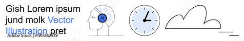 Artificial intelligence, cloud computing, time management, technology, machine learning, neural networks. Human head with AI, clock and cloud. Artificial intelligence and cloud computing concepts