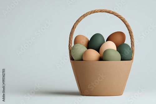 Recycled paper basket filled with natural colored Easter eggs on gray