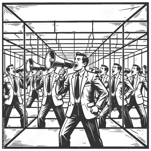 man yelling into a megaphone inside a mirror-lined room, symbolizing self-reinforcing beliefs and isolation sketch engraving generative ai vector illustration. Scratch board. Black and white image.