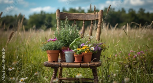 Outdoor wooden chair accessorized with pots of herbs and assorted flowers in meadow