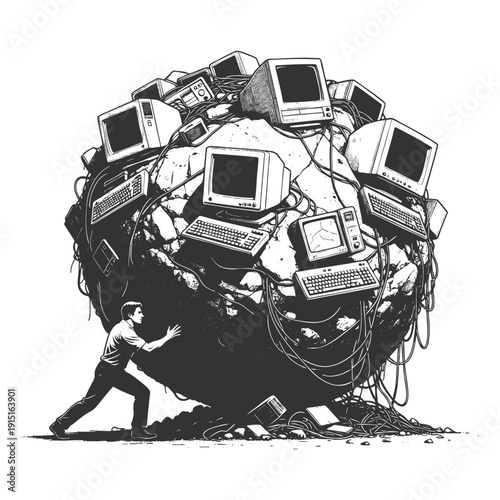 man pushing a giant sphere made of outdated electronics, symbolizing the burden of modern technology sketch engraving generative ai vector illustration. Scratch board imitation. Black and white image.